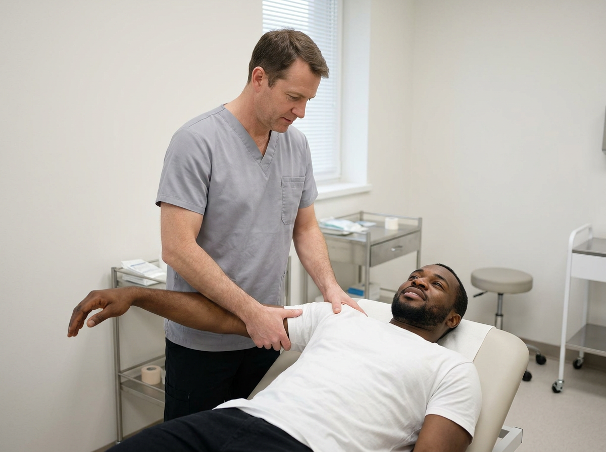 A clinician performing the relocation test on a Black male veteran lying supine, applying posterior pressure to the humeral head while the arm is abducted