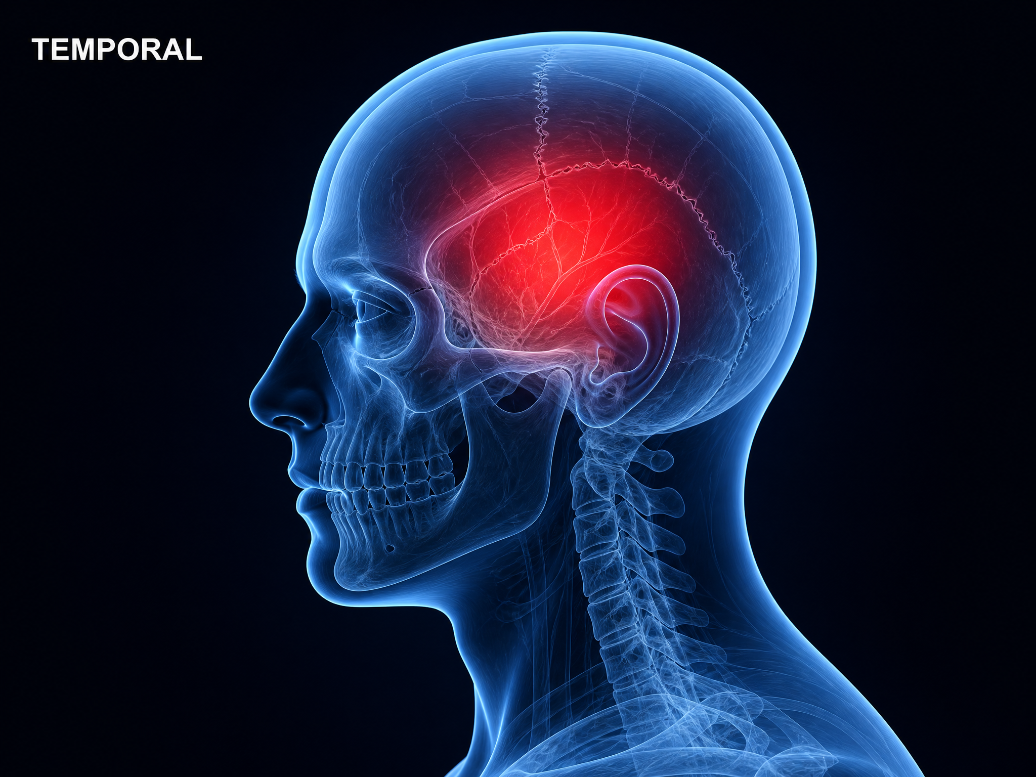 Anatomical figure of a head showing temporal headache pain over one temple and the side of the head above the ear