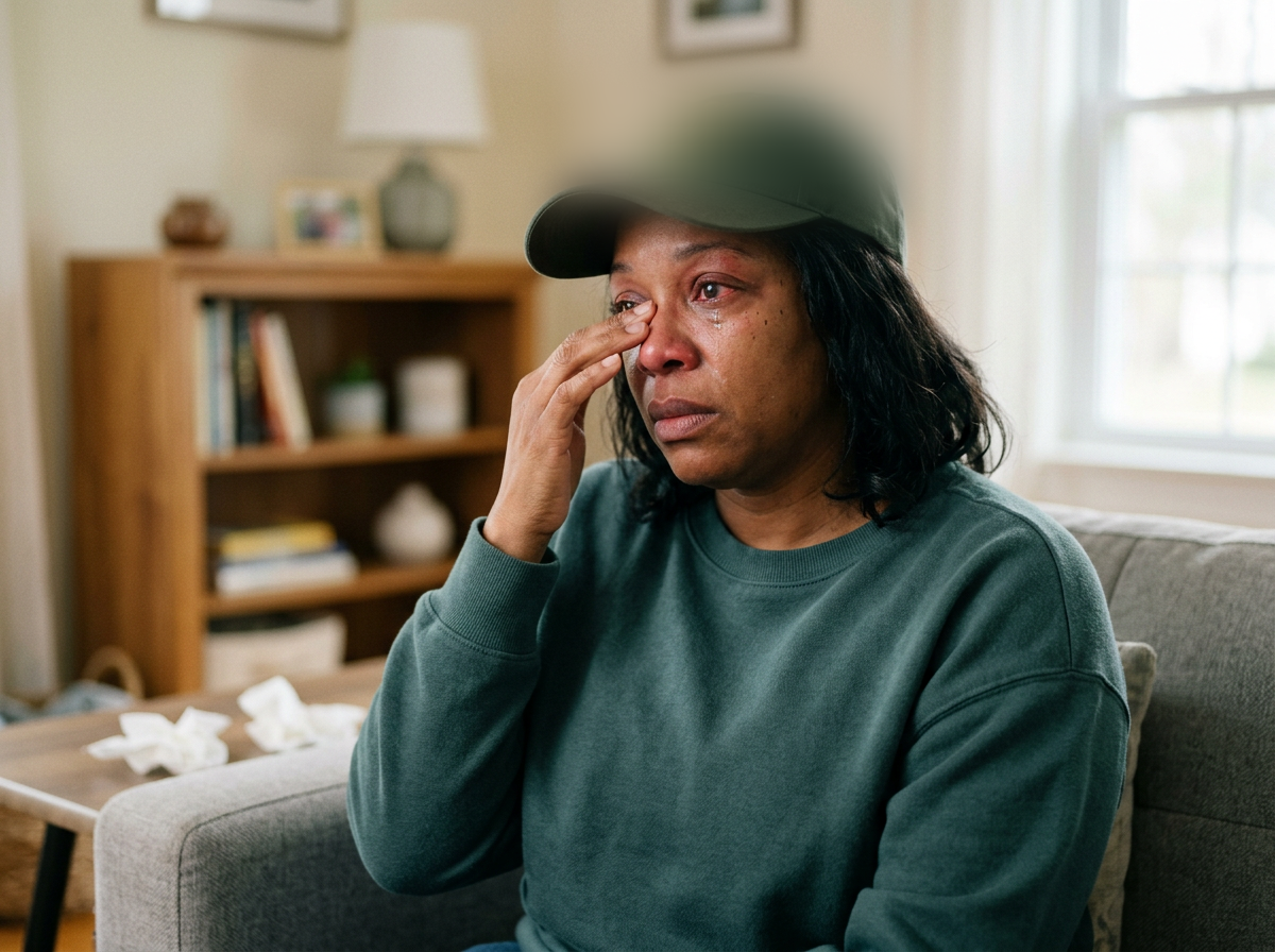 Black female veteran in her 40s rubbing her itchy watering eyes with visible allergic irritation at home