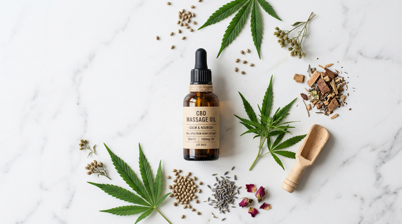 CBD massage oil with hemp seeds and botanical ingredients flat lay
