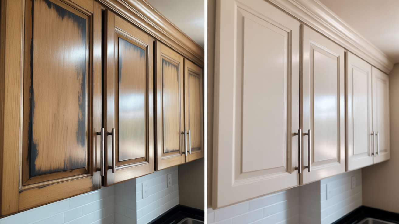 Before and after cabinet refinishing transformation