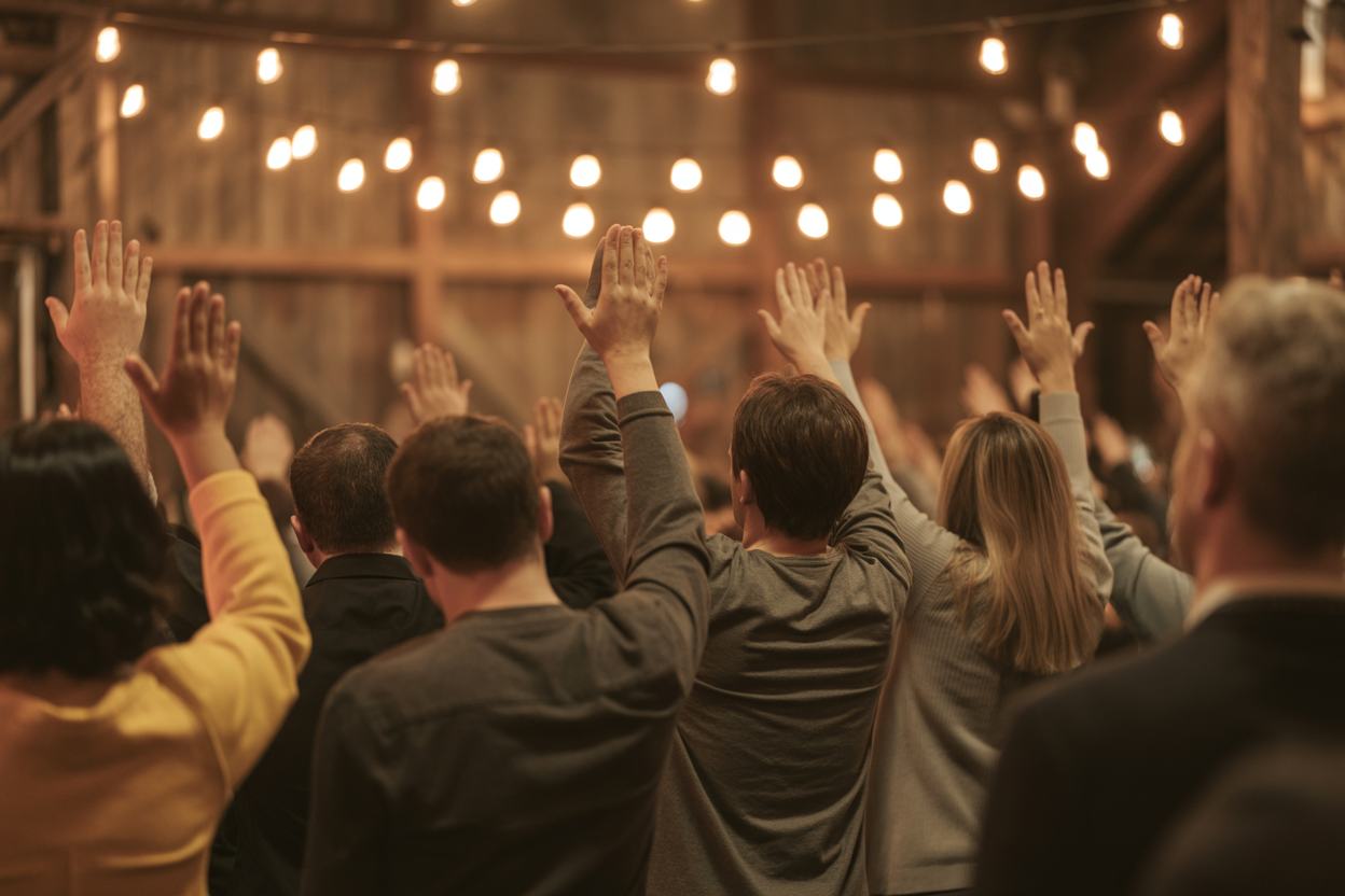 Intimate worship gathering inside The Barn