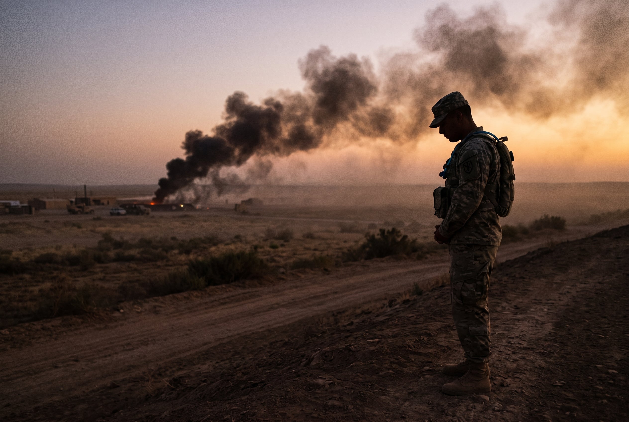 A soldier standing near a military burn pit at dusk, evoking toxic exposure