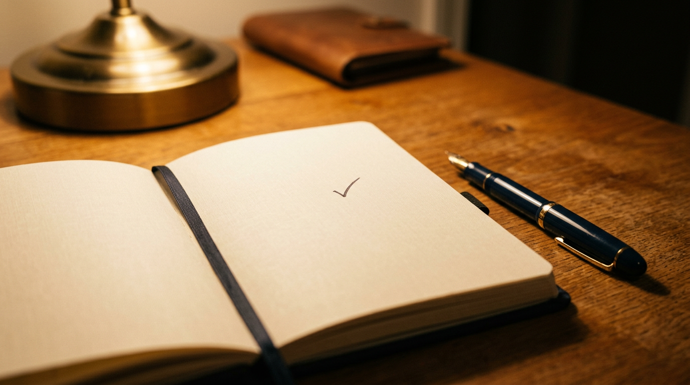 Caderno aberto com um único checkmark representando o poder de começar pequeno