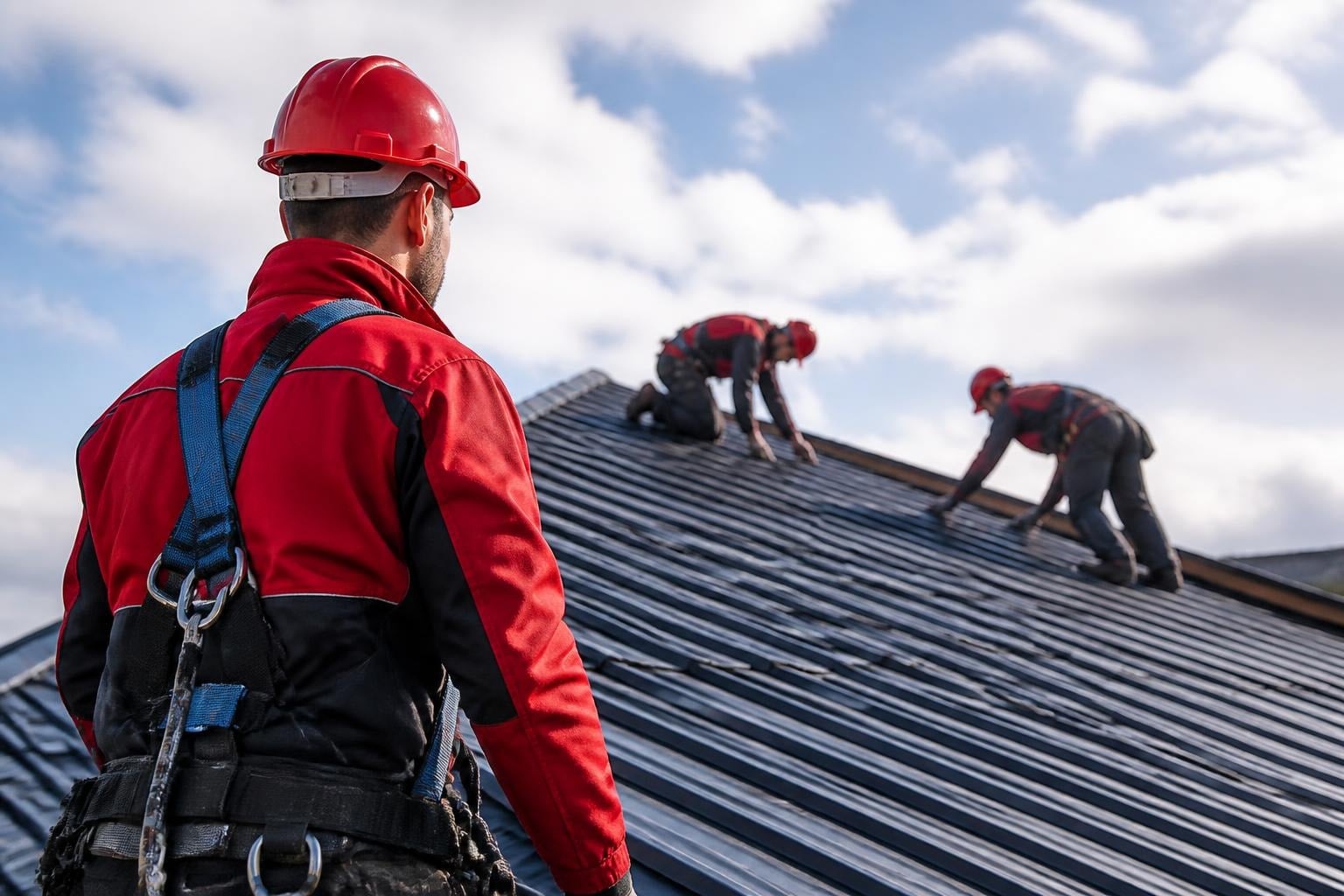 Crown Roofing team working on a roofing project