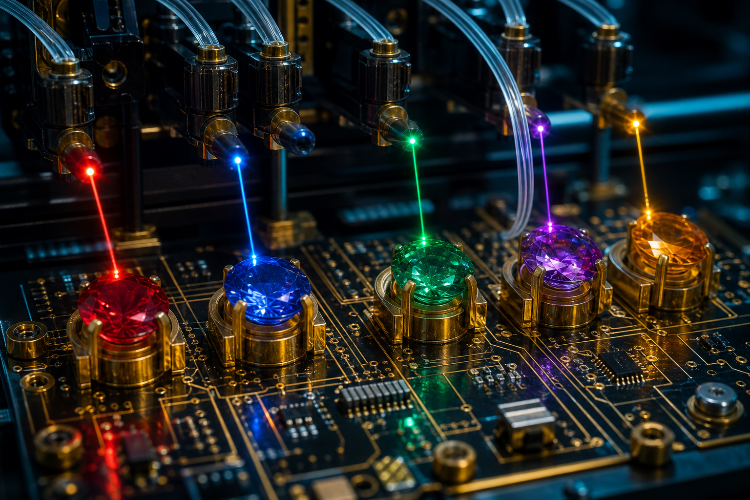 Optical pumping system injecting calibrated light beams into the crown gemstones via optical fibers