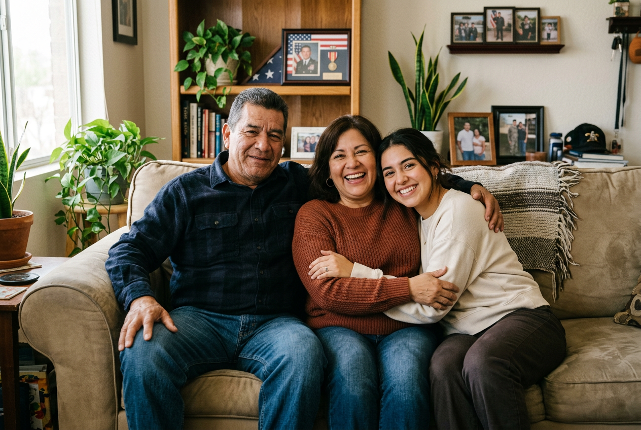 A multi-generational military veteran family together at home