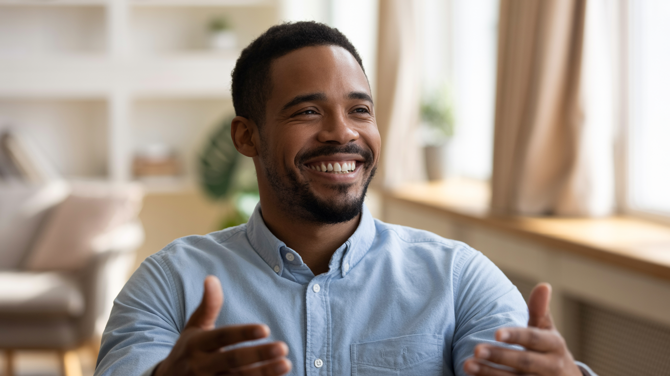 A warm, welcoming therapist with an open, compassionate expression, representing the safe, affirming therapeutic relationship