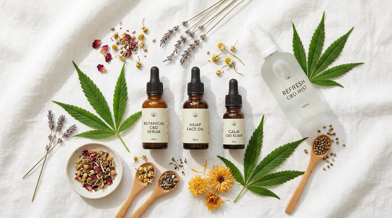 Natural hemp extract ingredients flat lay with dropper bottles and hemp leaves for CBD facial mist