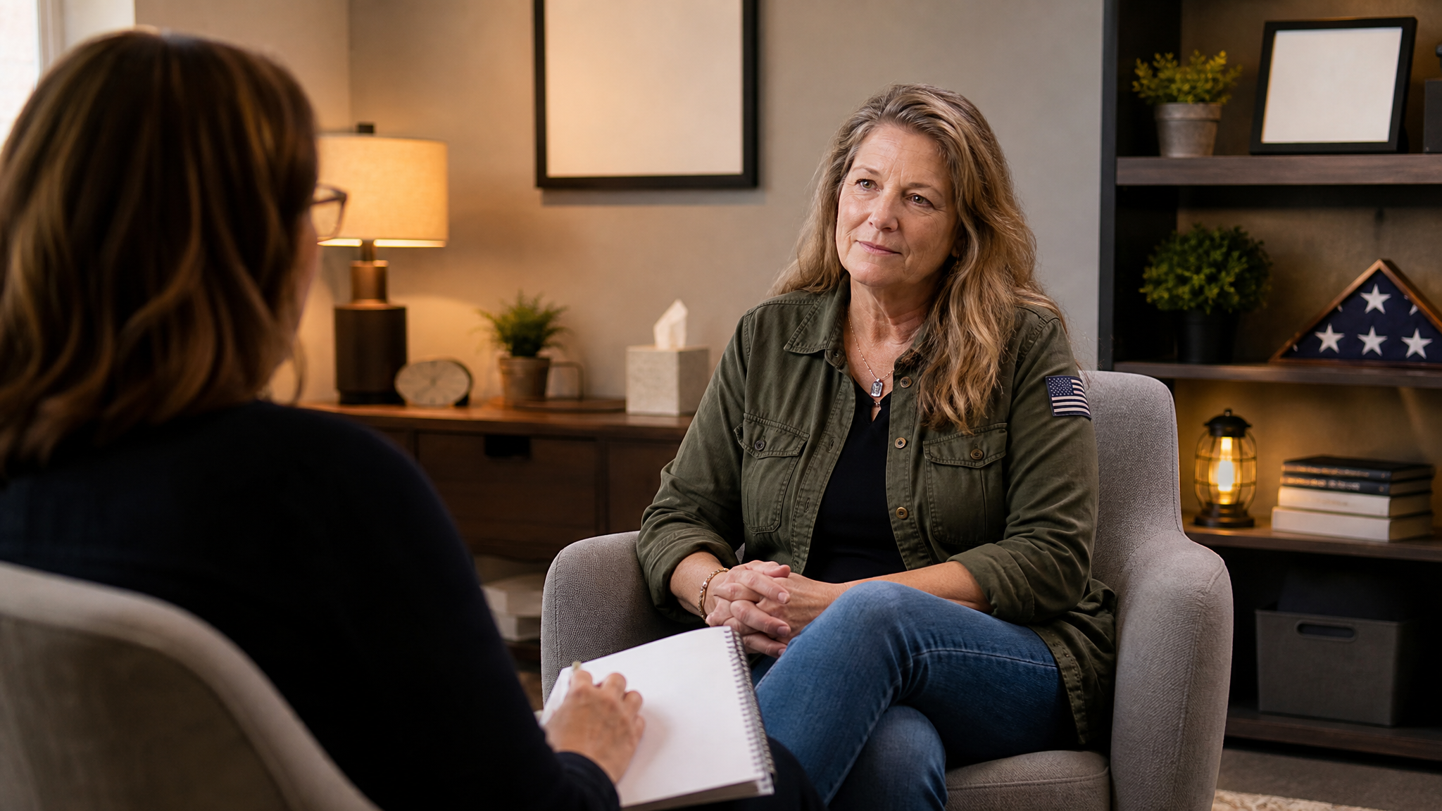 White female veteran in counseling session with therapist in professional office setting