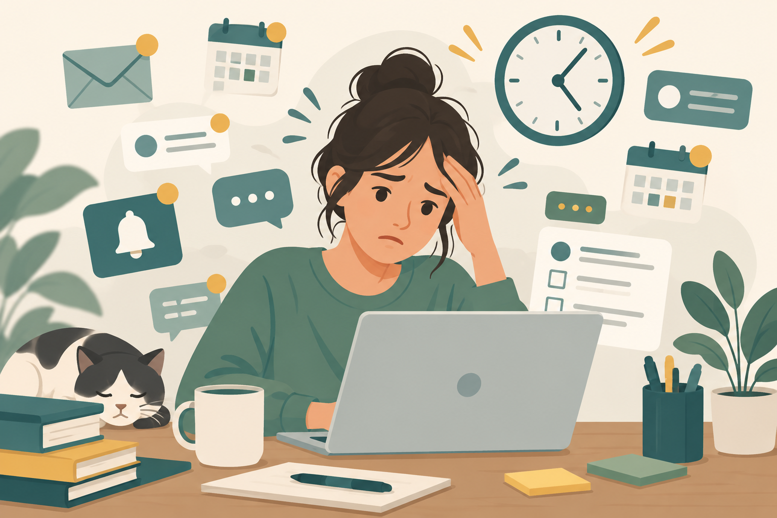 Person overwhelmed by notifications and meetings