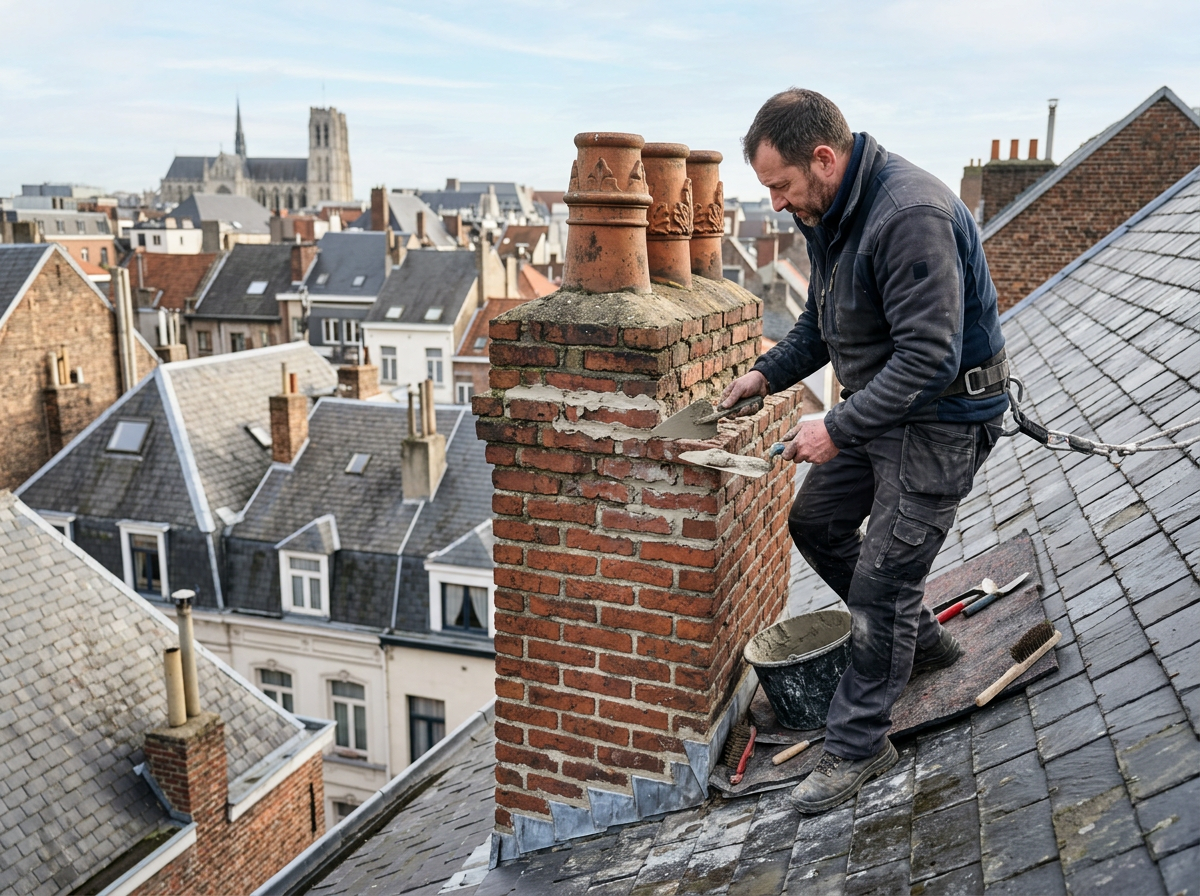 Chimney repointing on a Belgian slate roof