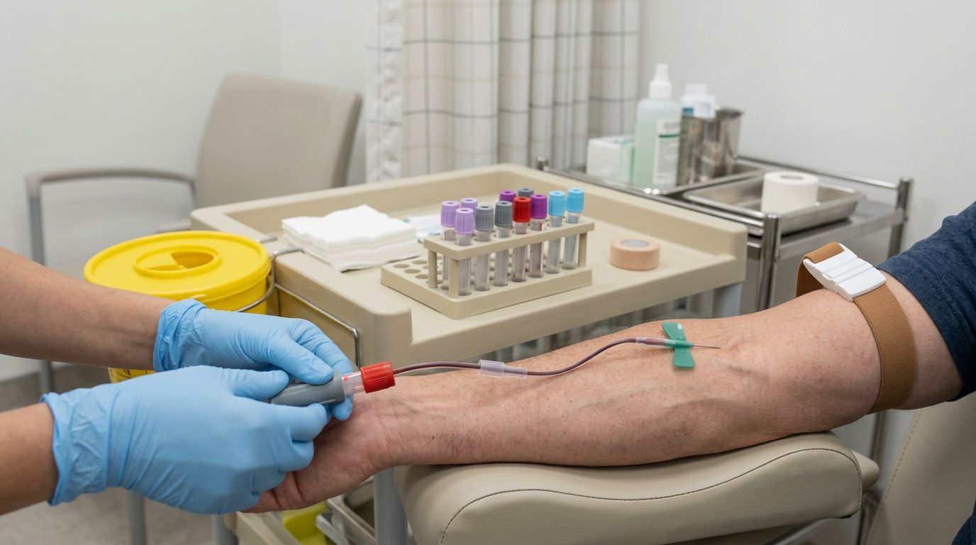 Close-up of a clinical blood draw showing gloved hands and test tubes for PSA testing