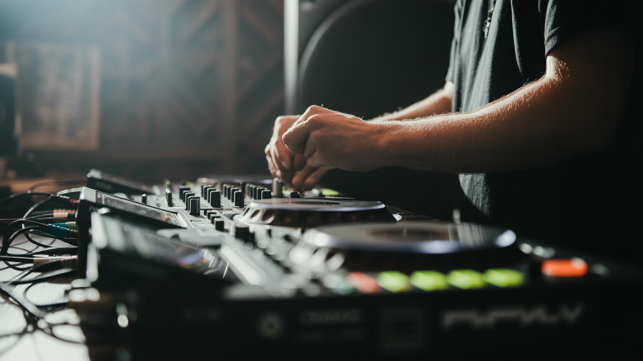 DJ hands on CDJs and mixer in dark studio with neon green accent lighting