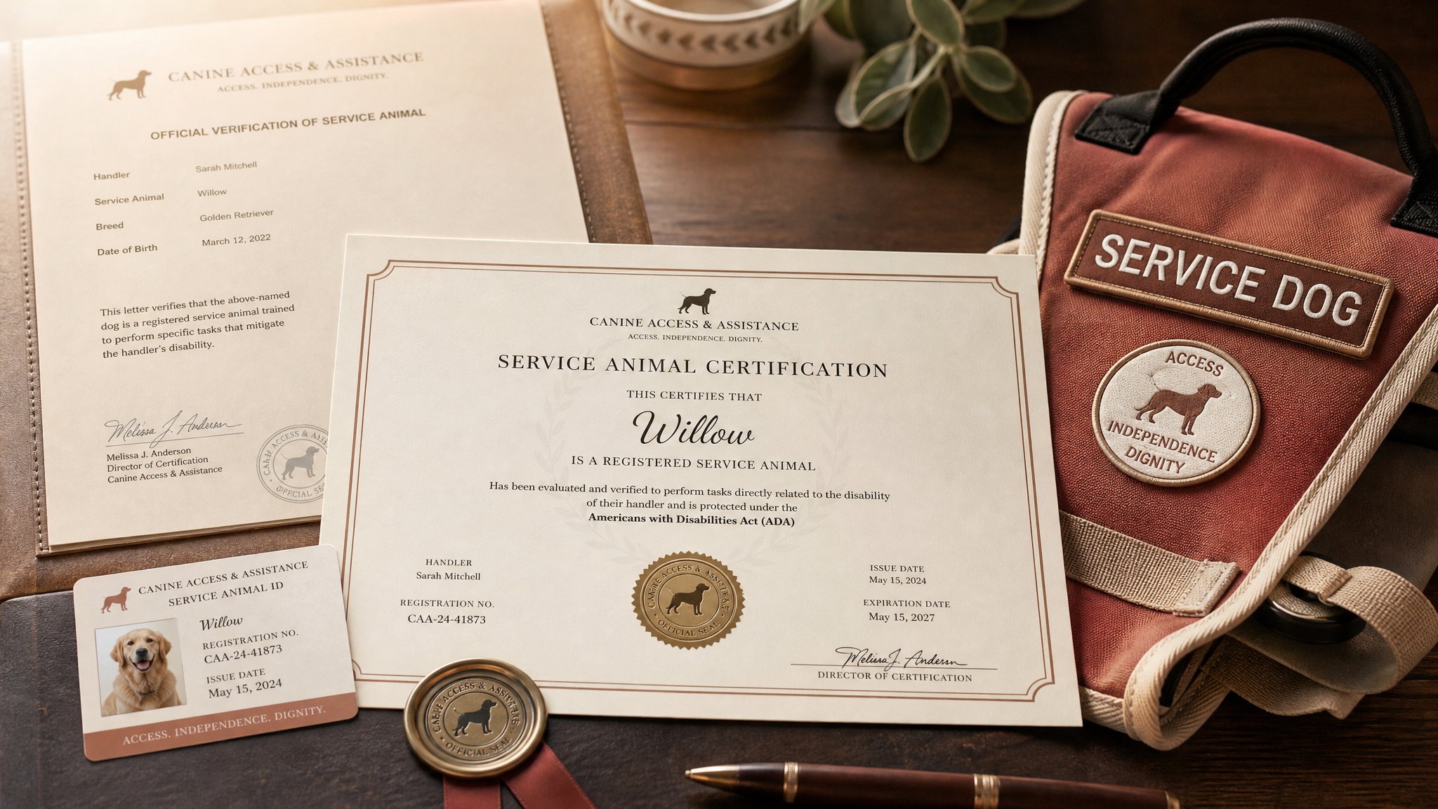 Official service animal certification documents and harness vest