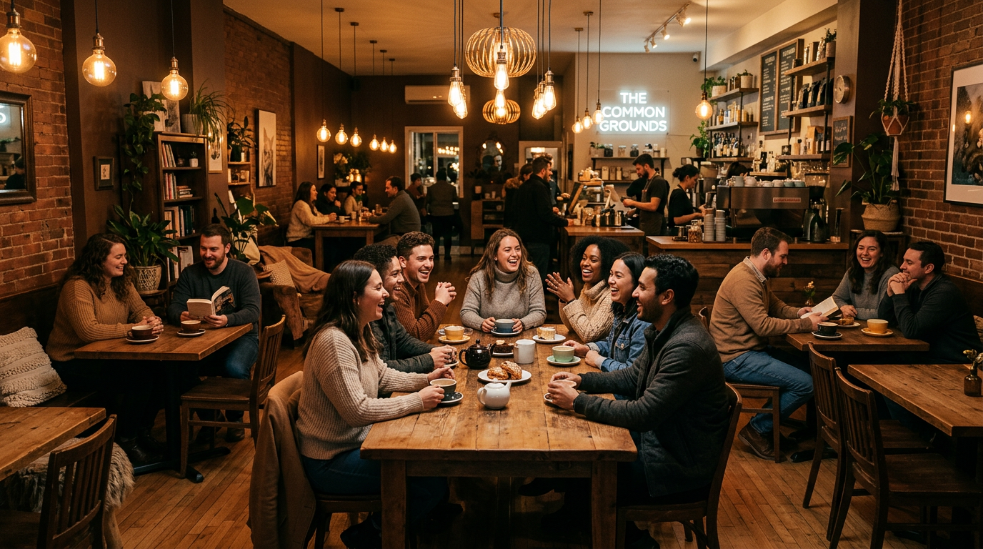A cozy coffee shop with people socializing and enjoying a sense of community