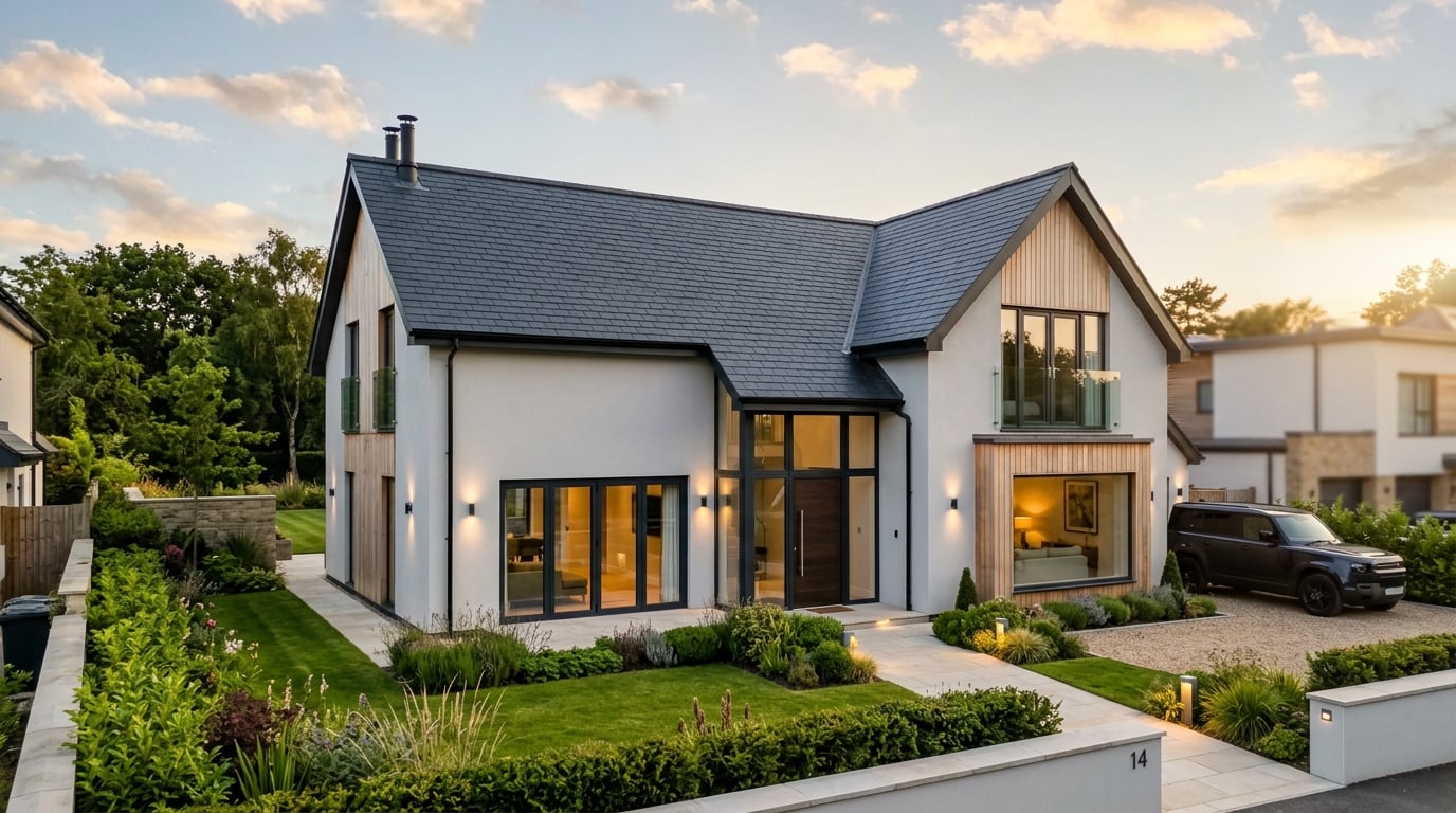 Completed modern house with pristine new roof