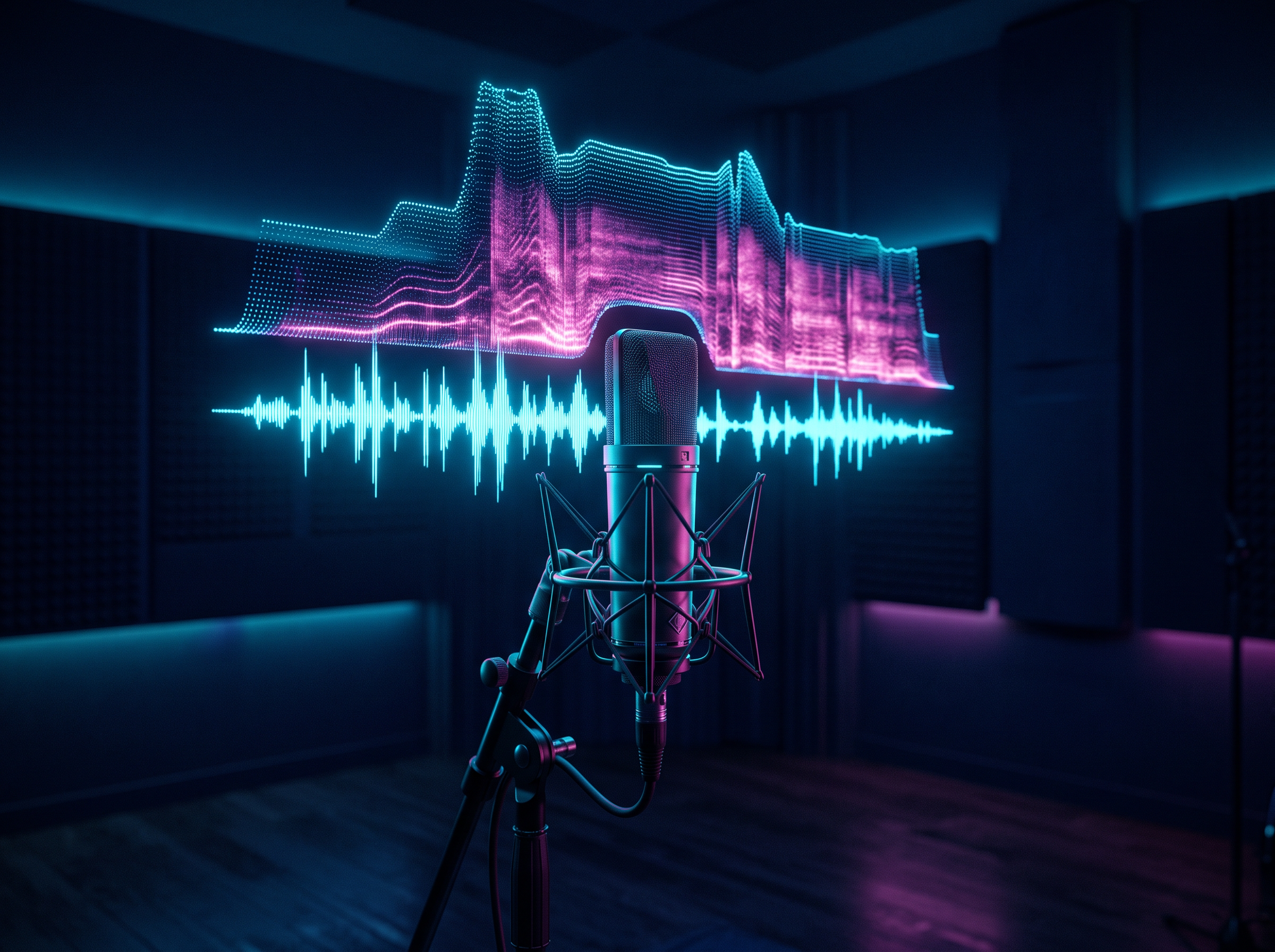 A glowing waveform and spectrogram floating above a studio microphone