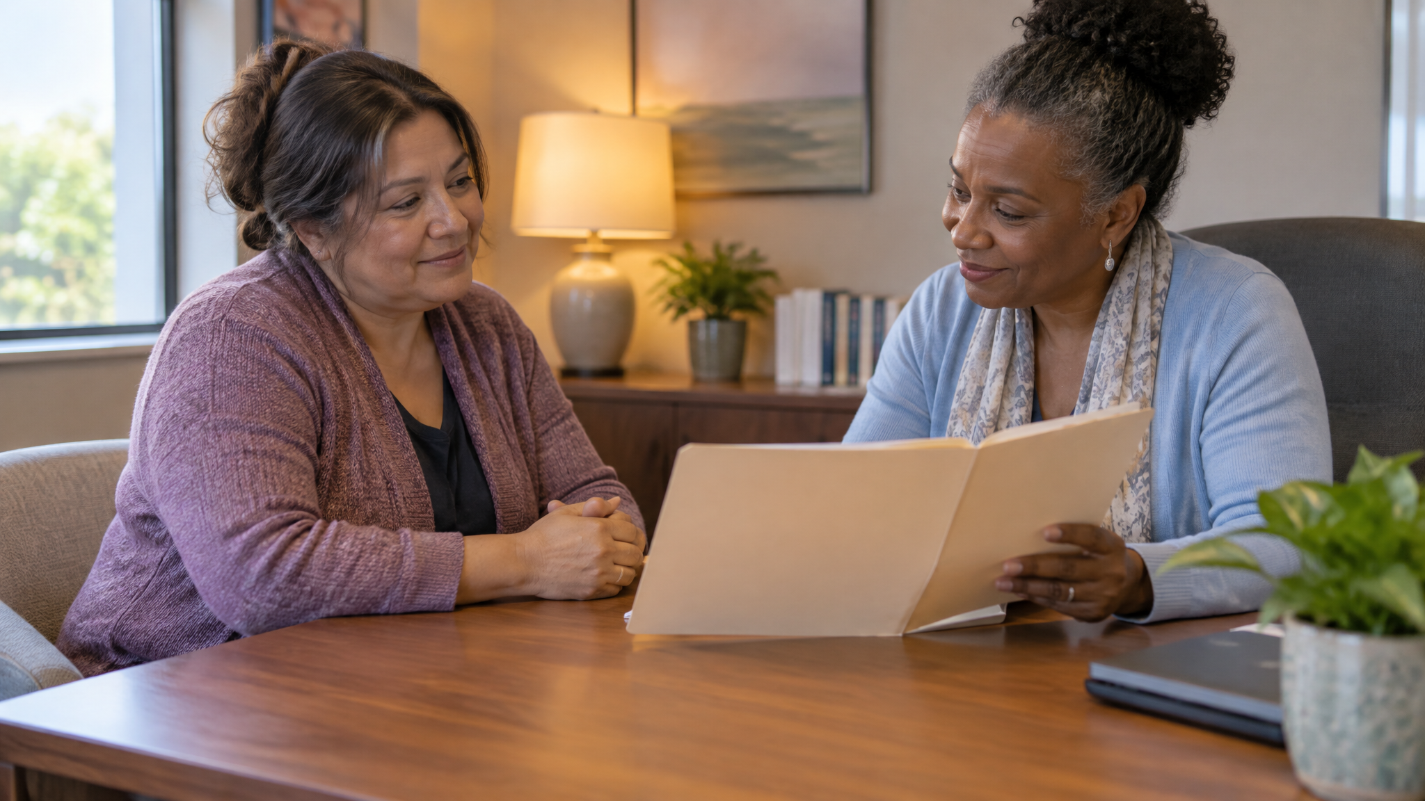 A woman veteran sitting across a desk from a woman counselor reviewing a plain folder together in a calm office