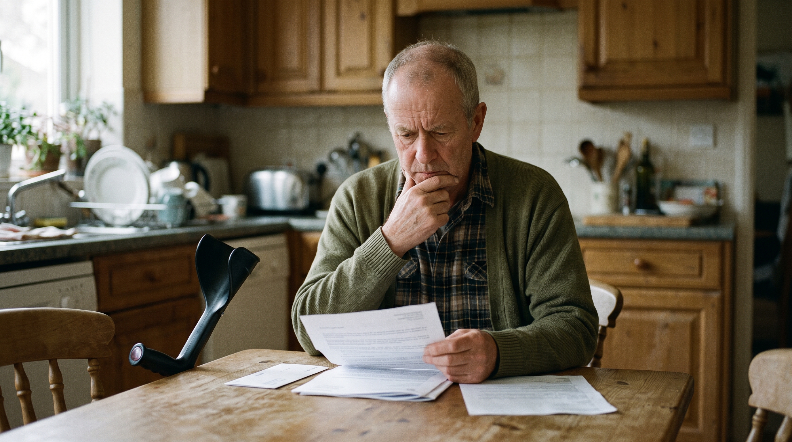 An older veteran with a disability reviewing an insurance letter alone at the kitchen table