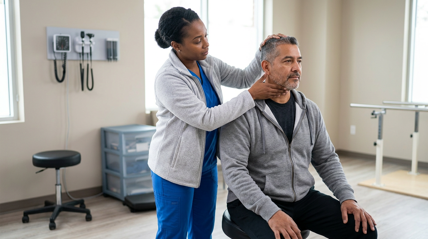 A C&P medical examiner steadying a seated veteran's head while rotating his torso on a stool to test balance in a clinical exam room