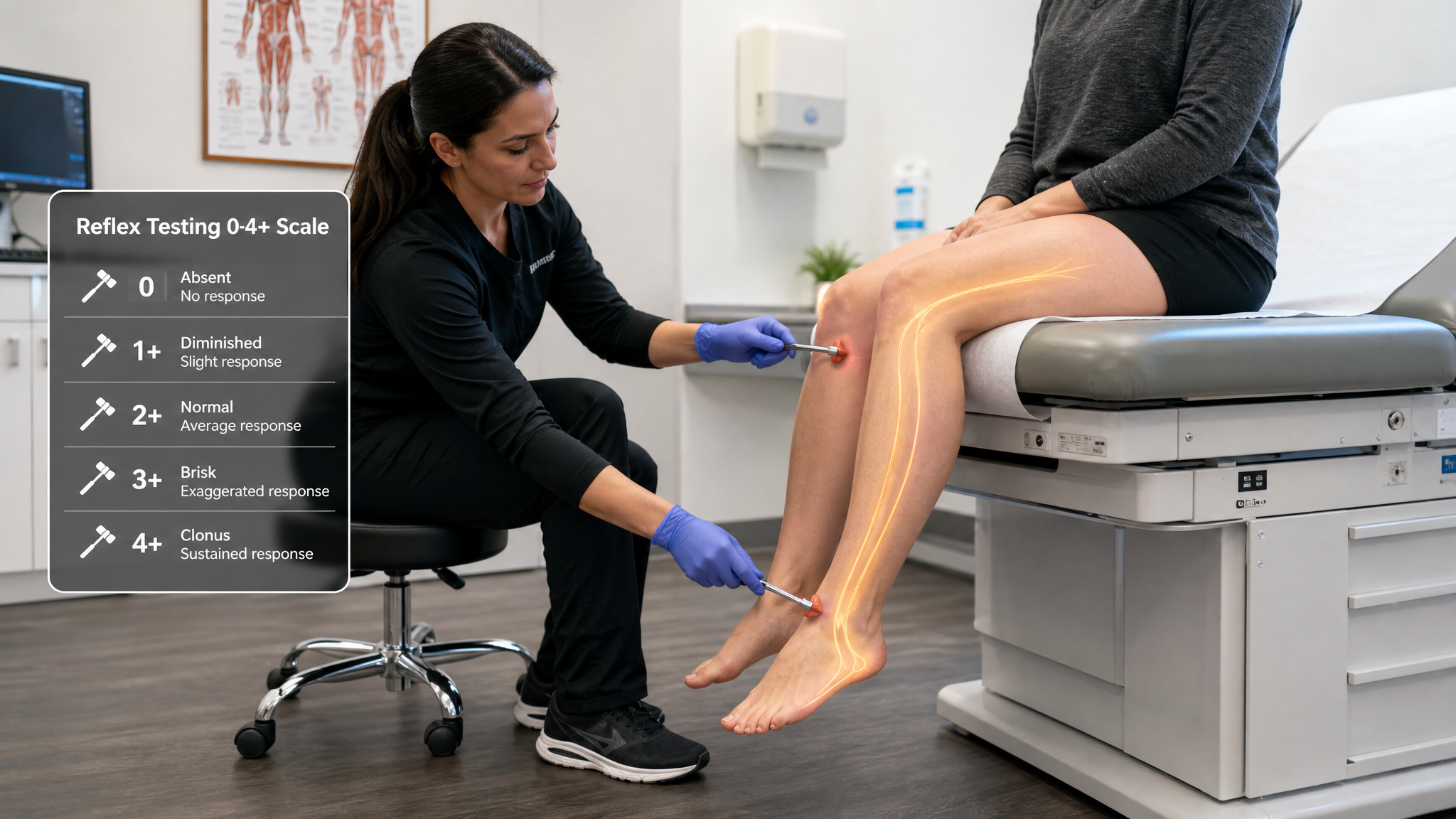 Clinician striking the Achilles and patellar reflexes with a reflex hammer on a white woman's leg, a 0-to-4+ reflex-grading label overlay