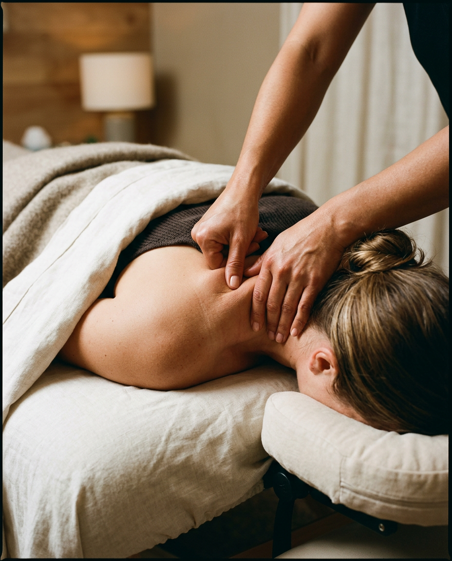 Massage therapist using deep kneading pressure with the hands on a person's neck and shoulder
