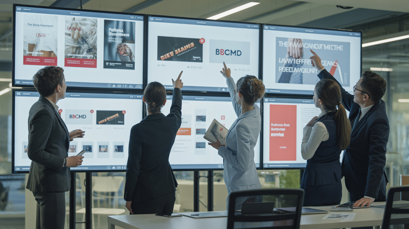 Team reviewing inclusive advertising campaign materials on digital screens