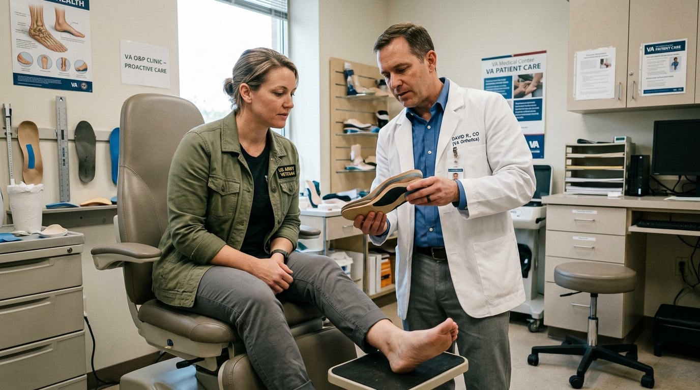 A woman veteran being fitted for custom orthotics by a specialist