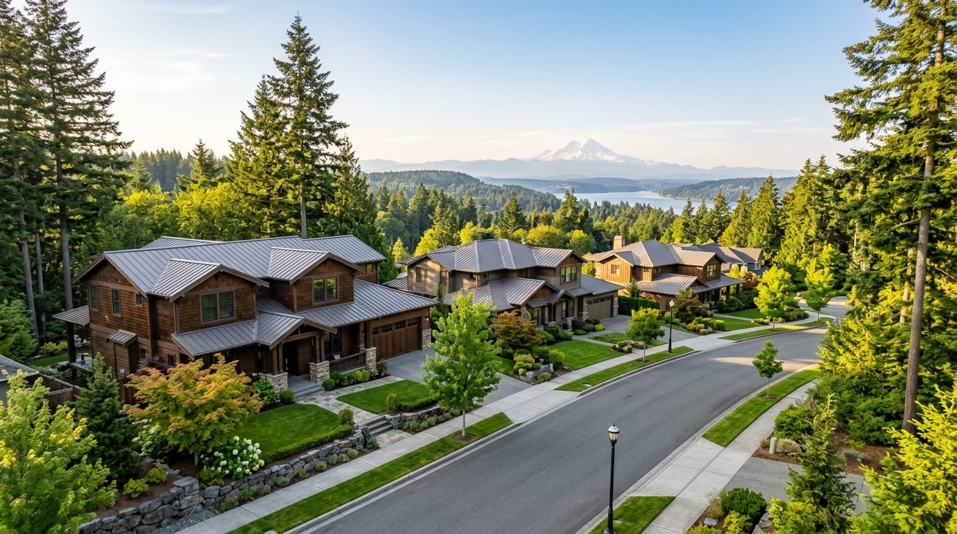 Upscale craftsman homes on a forested plateau near Lake Sammamish, an ideal neighborhood for Microsoft employees commuting to Redmond