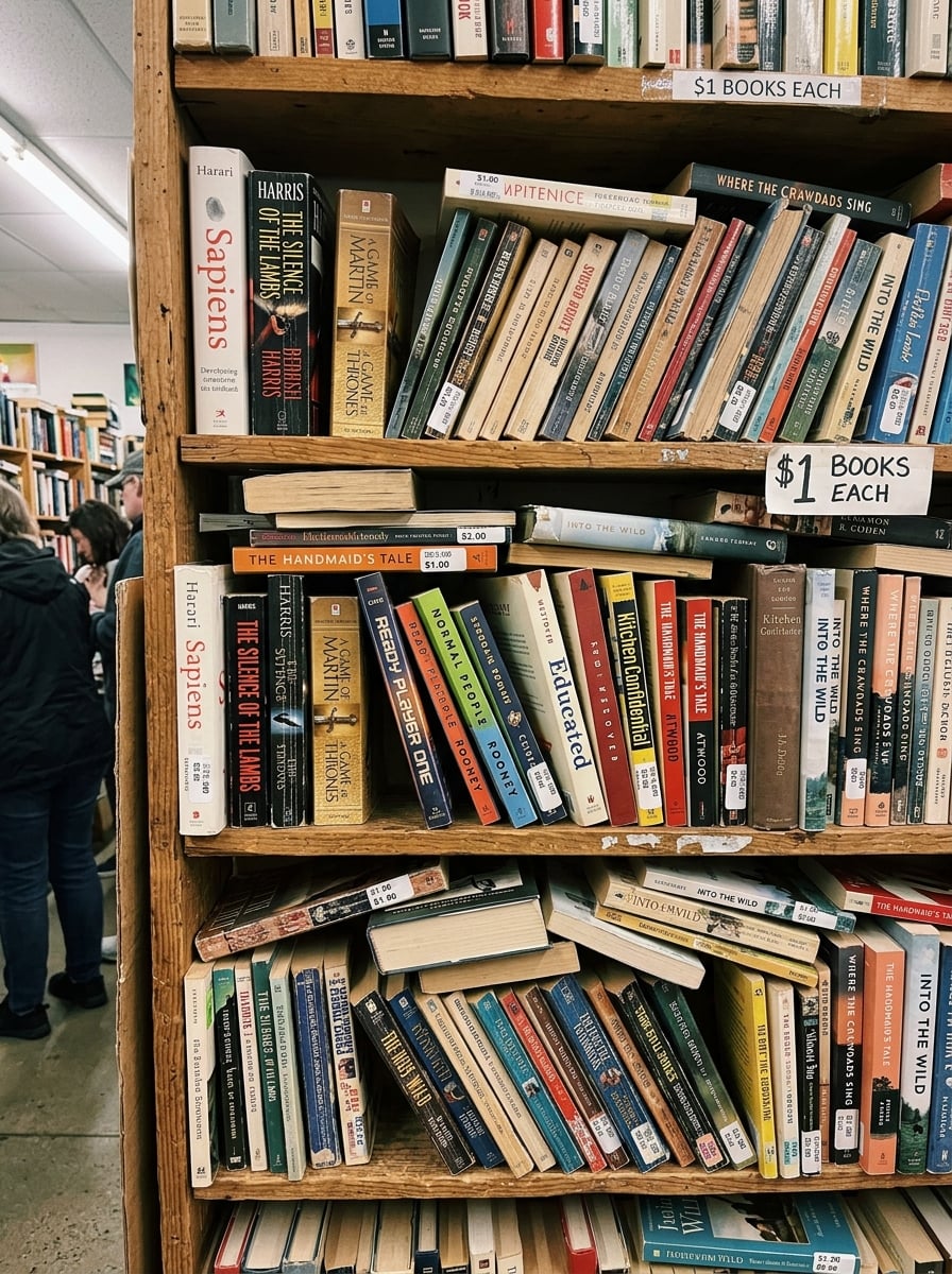 A single shelf of used books photographed while sourcing