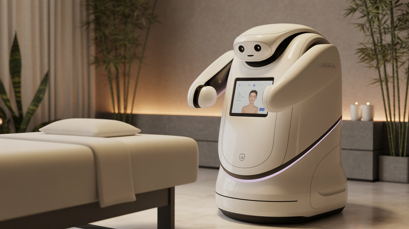Friendly wellness massage robot in luxury hotel spa setting