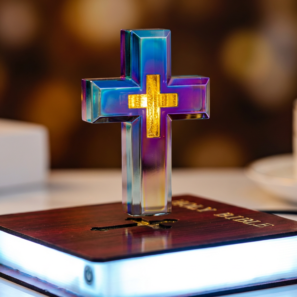 Macro detail of the magnetically floating cross above the wood grain Bible base