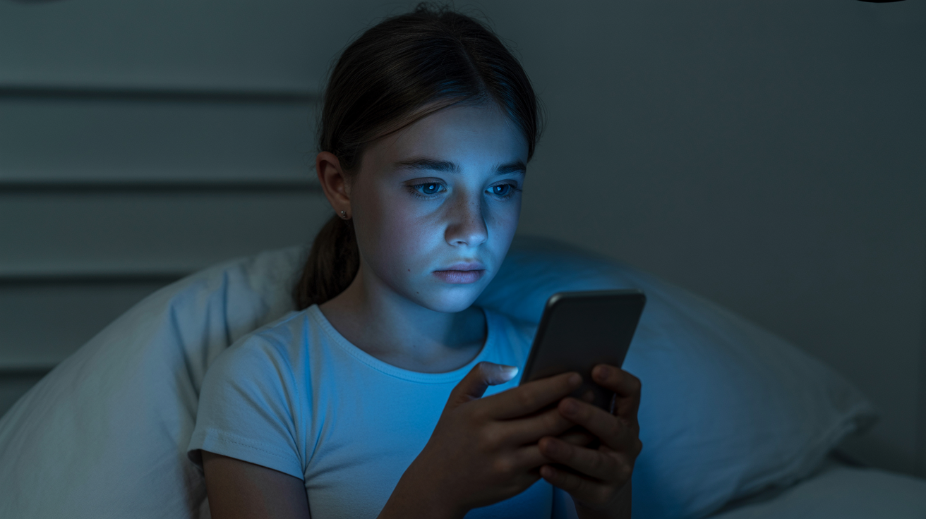 Teenager alone in dark room illuminated by phone screen, representing the dangers of online exploitation