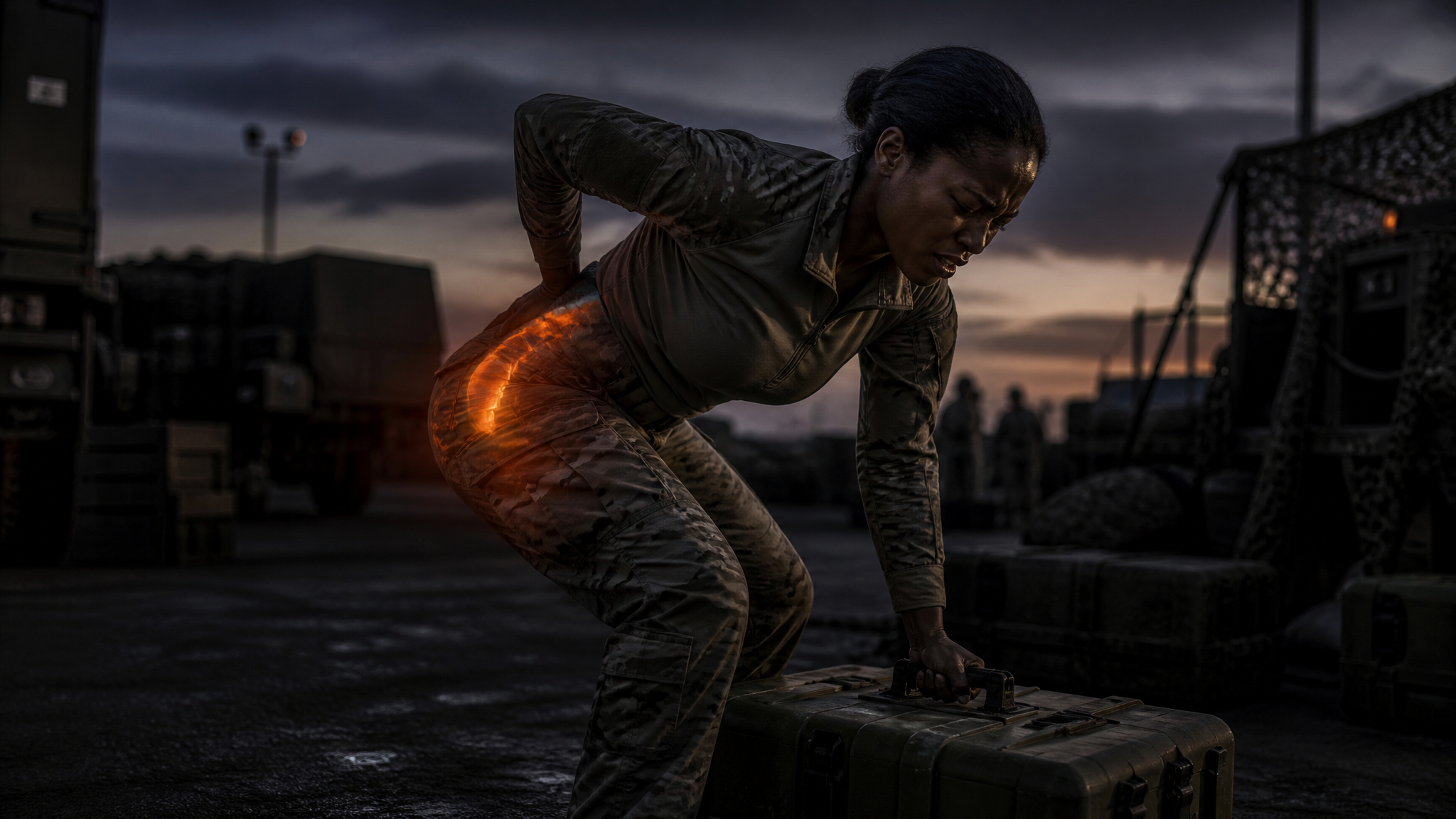 A Black woman soldier in uniform straining as she lifts a heavy ammunition crate from the ground in a dark military staging area at dusk, a faint hot-orange glow at her lower spine and buttock