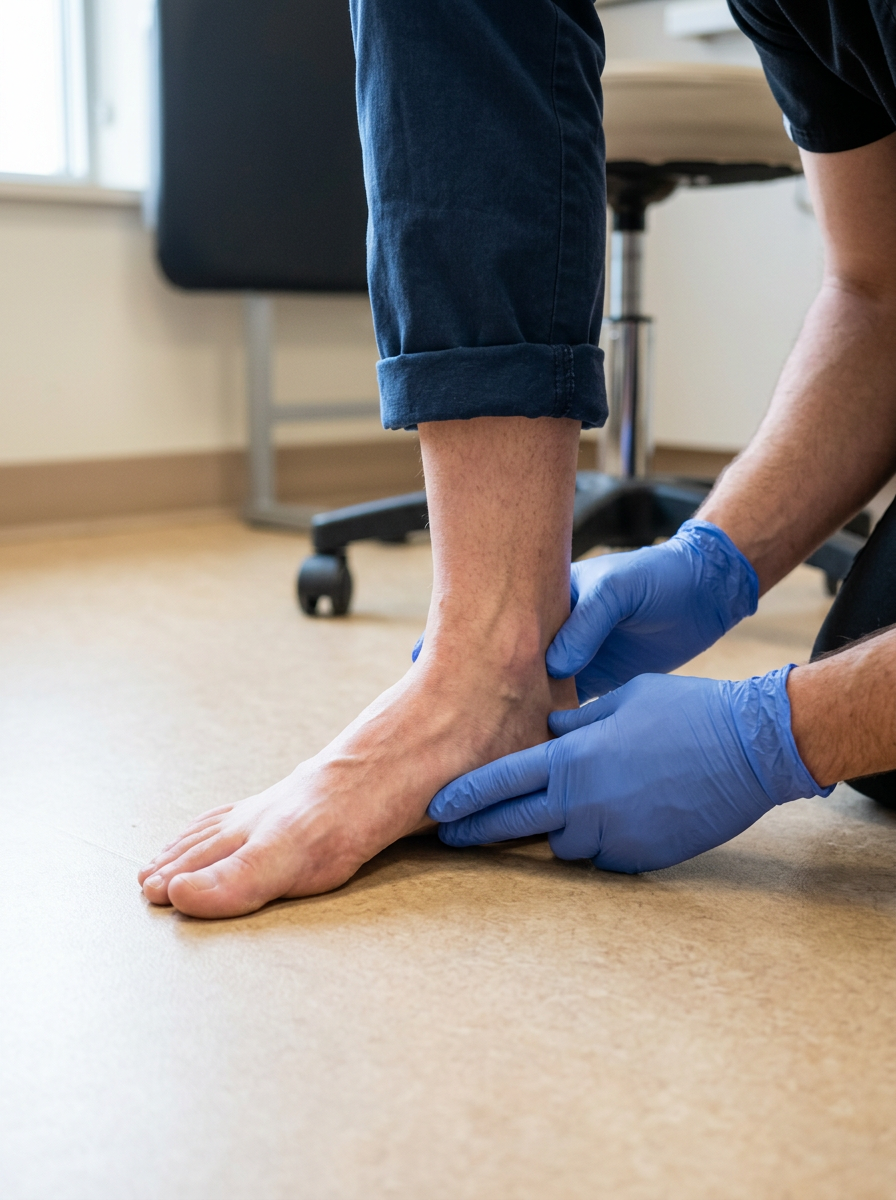 Close-up of a veteran standing barefoot on the floor showing a collapsed medial arch flattened against the ground during weight-bearing assessment