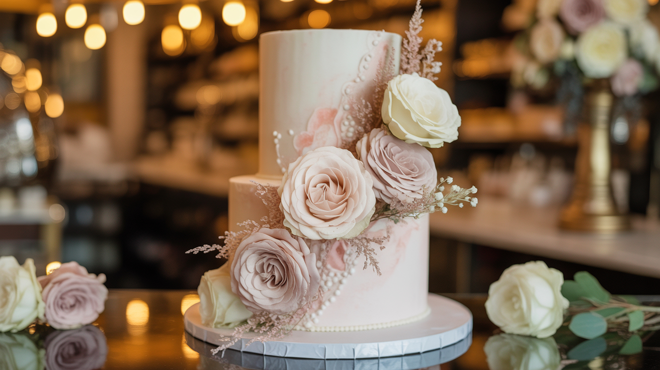 Beautiful custom wedding cake with floral decorations