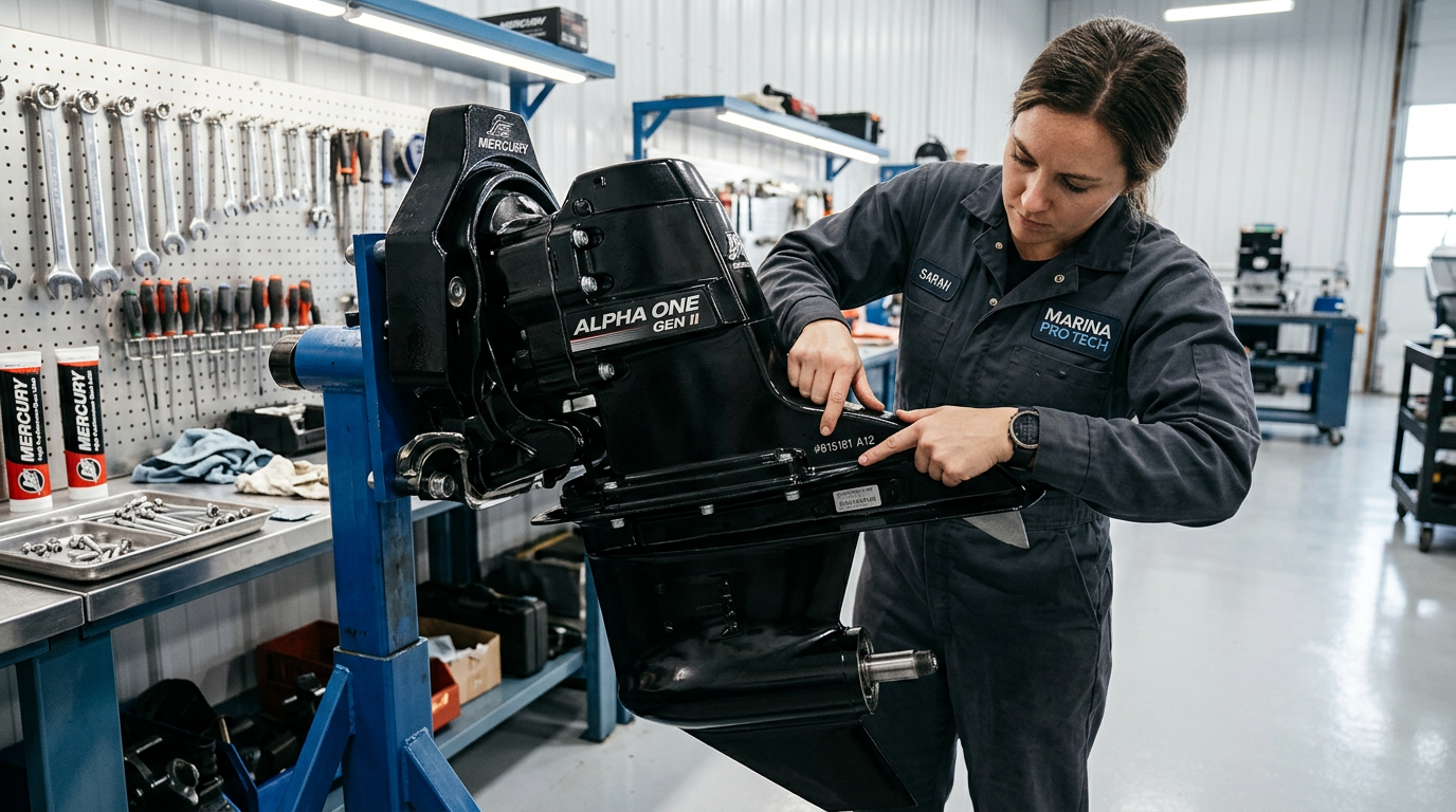Marine technician holding an Alpha One Gen II lower unit gearcase next to the drive housing to check fitment details