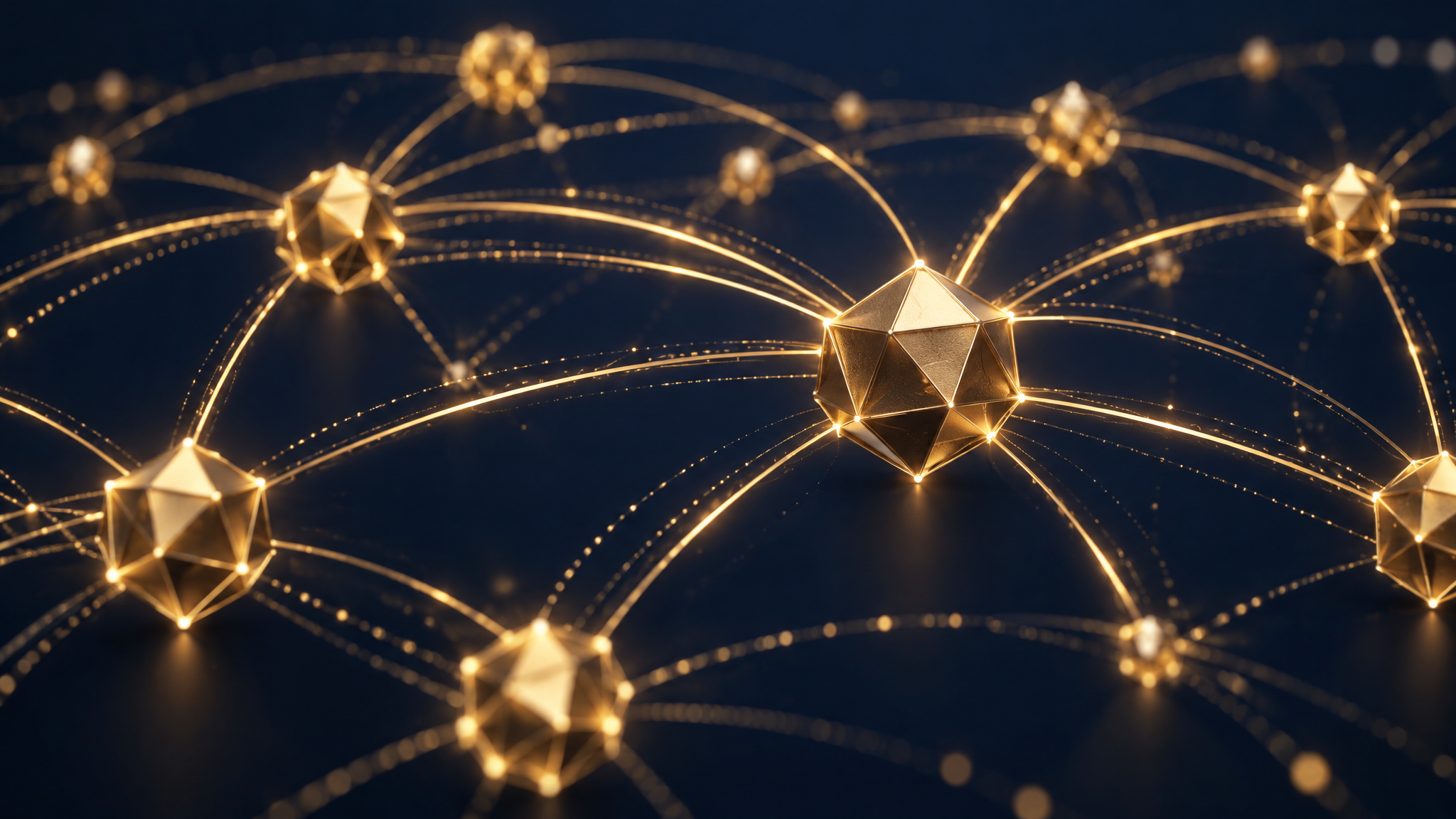 Abstract network of interconnected golden nodes representing intercompany contractual relationships