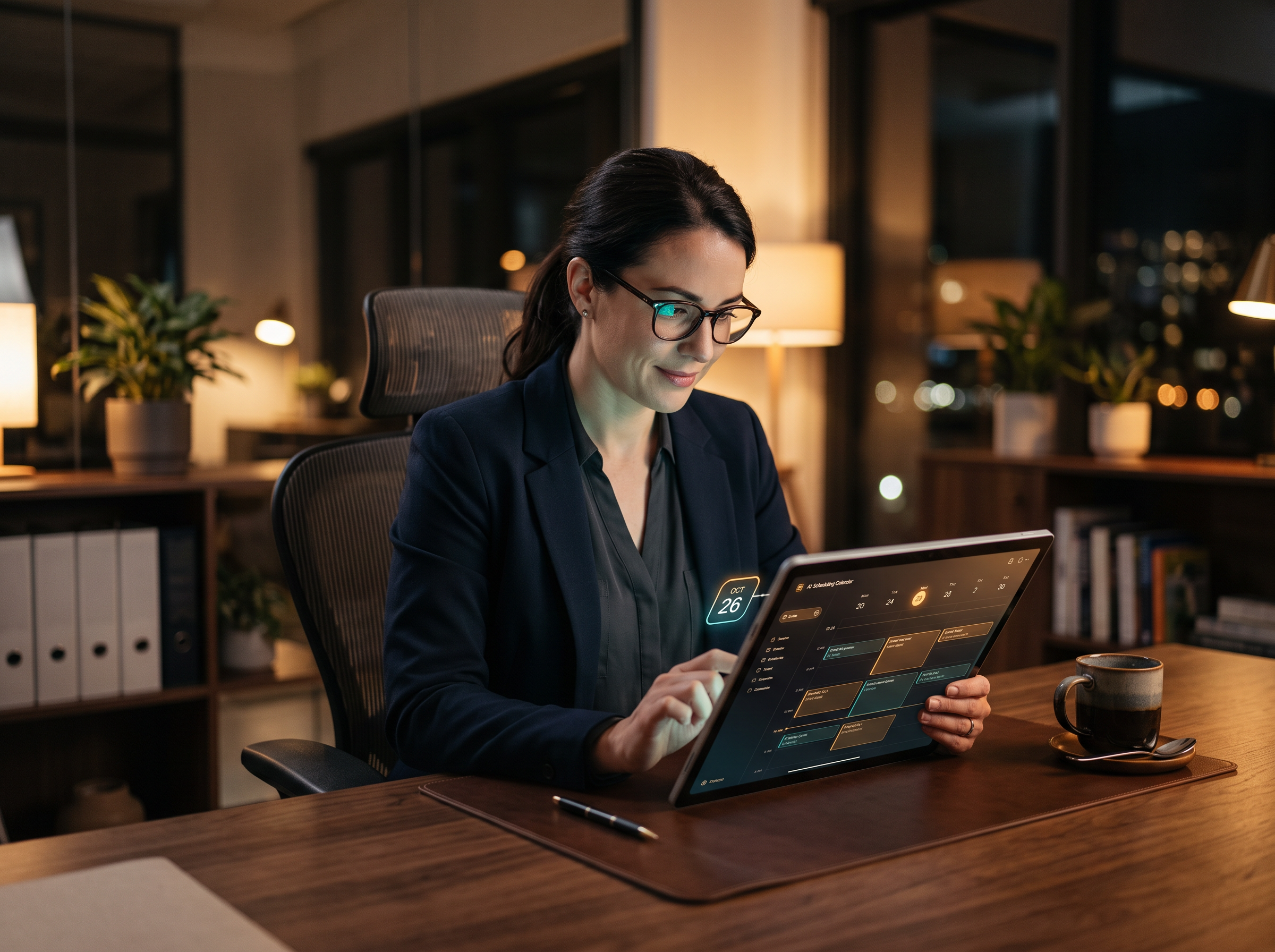 Professional using a tablet with an AI scheduling interface