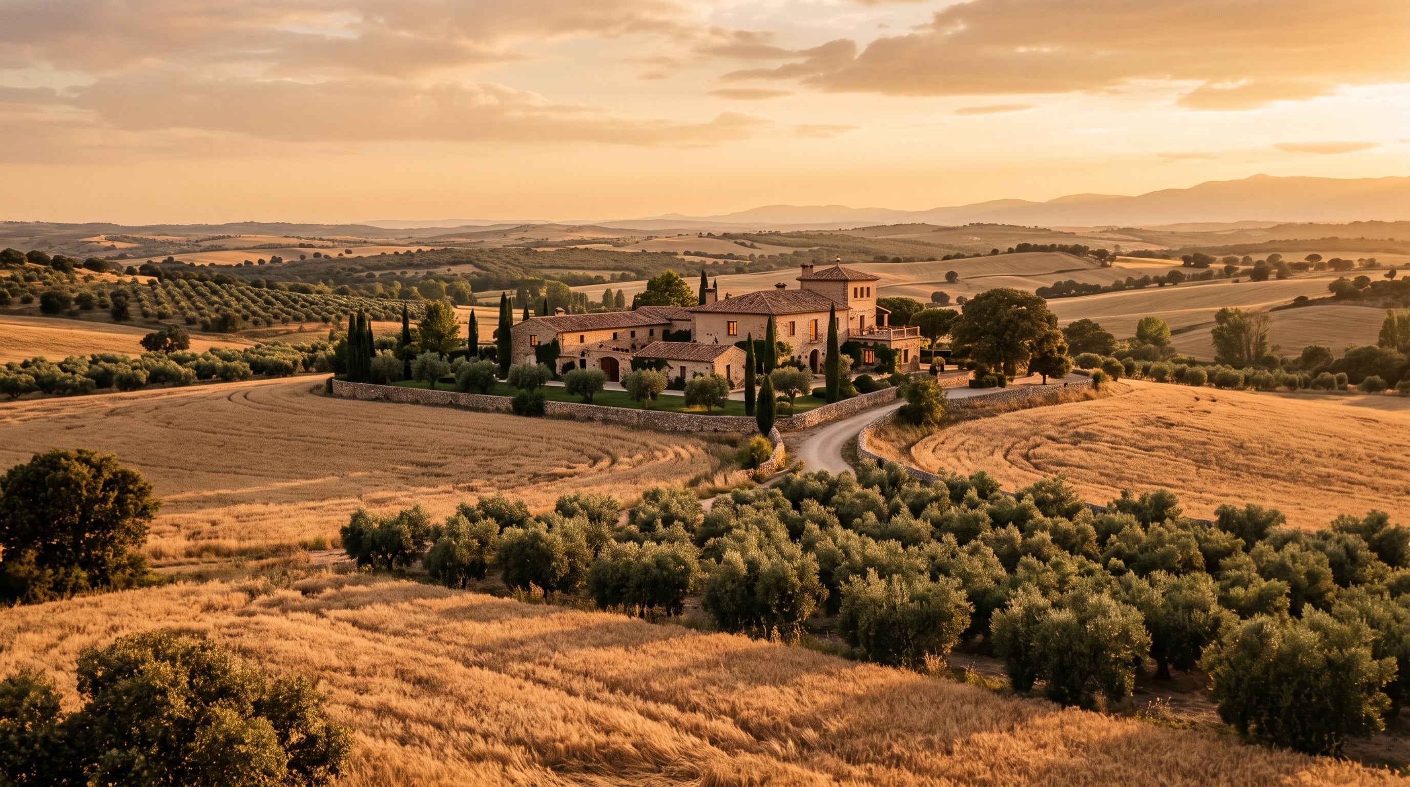 Finca rural elegante cerca de Madrid a la hora dorada del atardecer