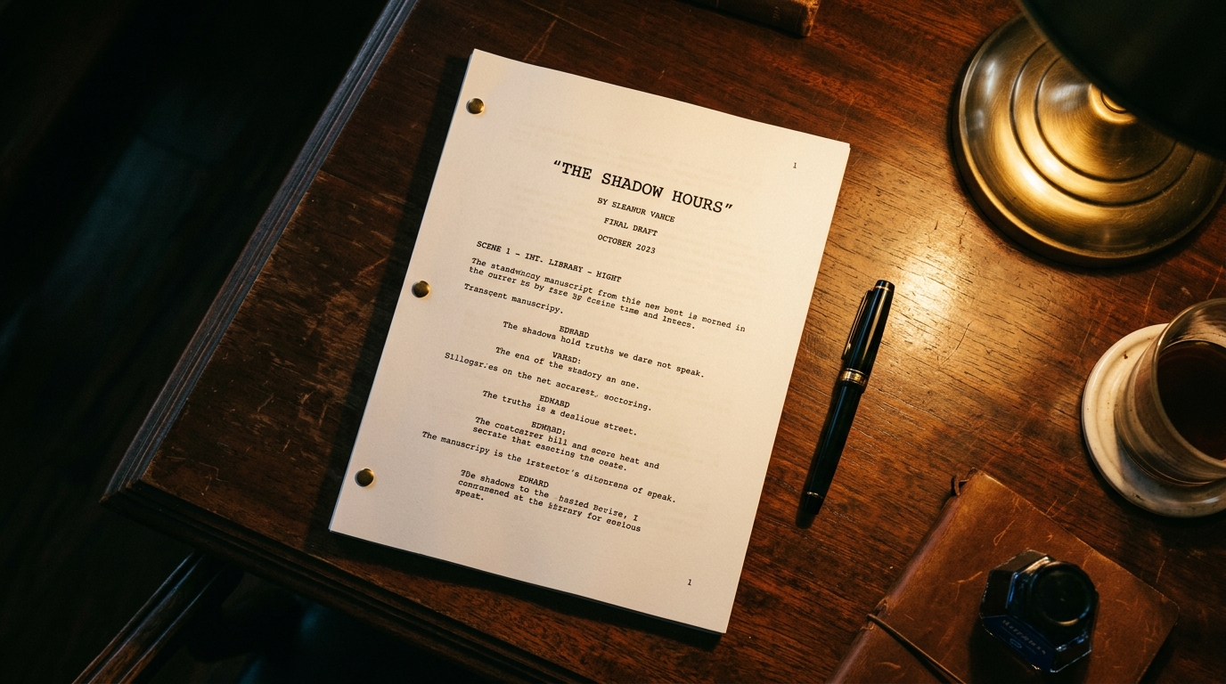 Screenplay manuscript with warm golden lighting