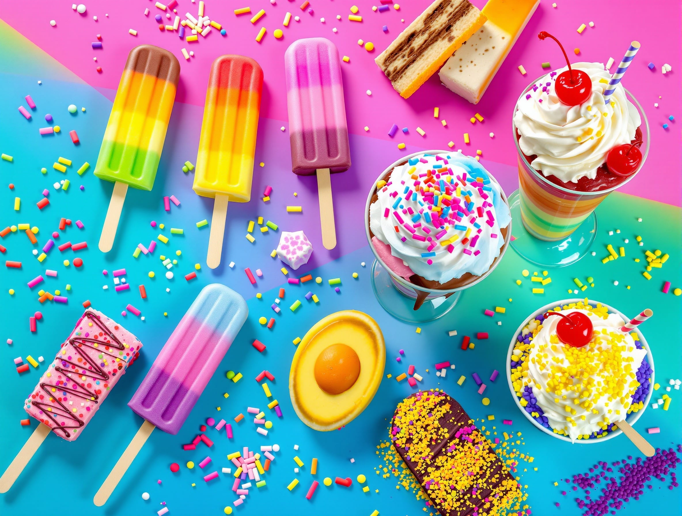 Colorful display of classic ice cream novelties including popsicles and sundaes