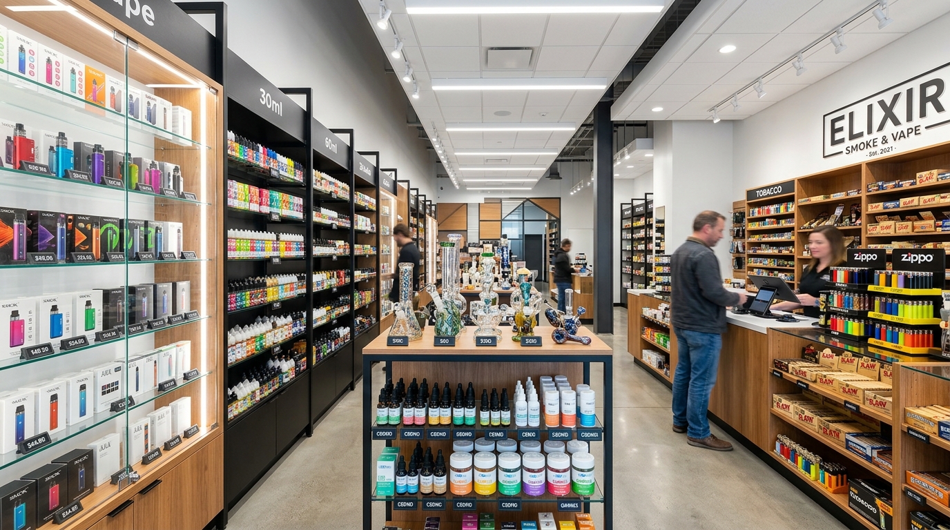 Smoke shop display with vapes, CBD products, and glass accessories