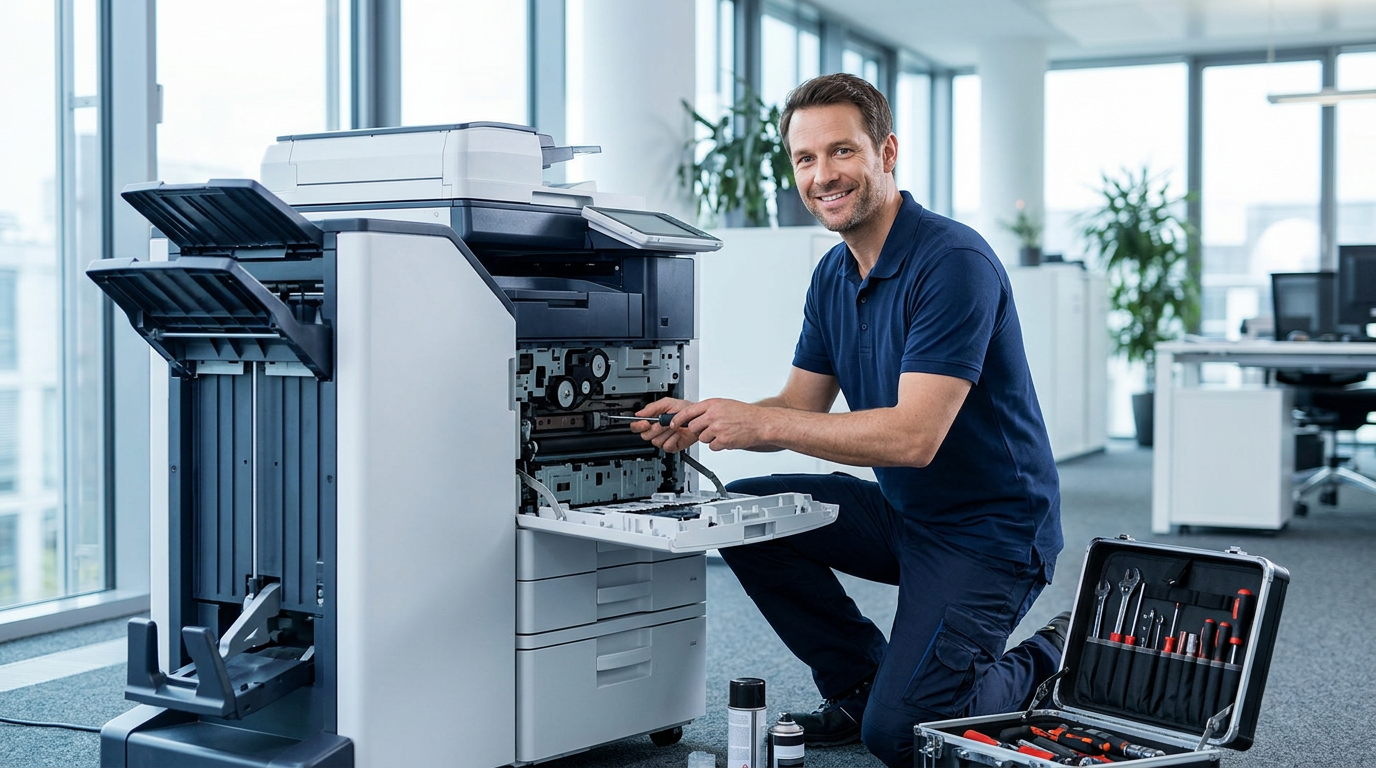 Comprinet technicus repareert een kopieermachine op locatie