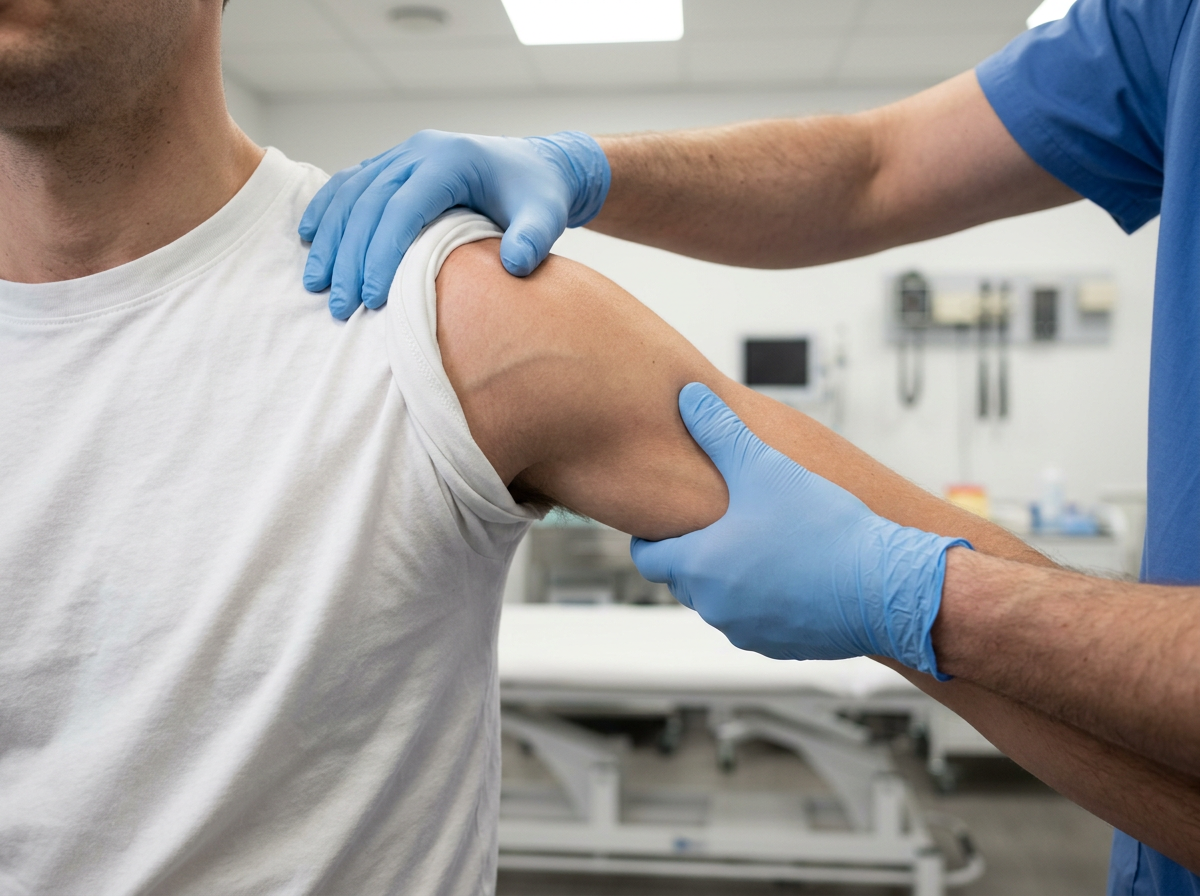 A close-up of a clinician's hands performing the anterior drawer test on a veteran's shoulder, one hand stabilizing the scapula and the other translating the humeral head