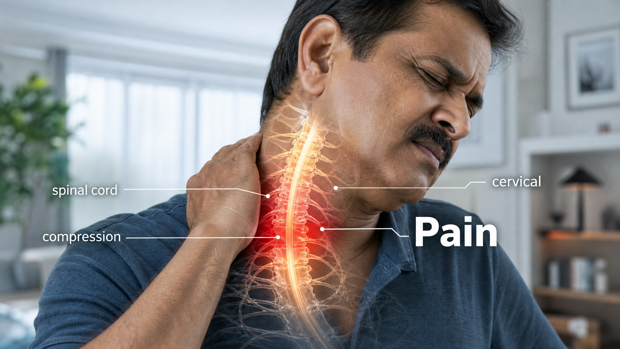 A mature man in a bright room with a hand on his neck, the cervical spinal cord glowing warm amber with a red compression zone