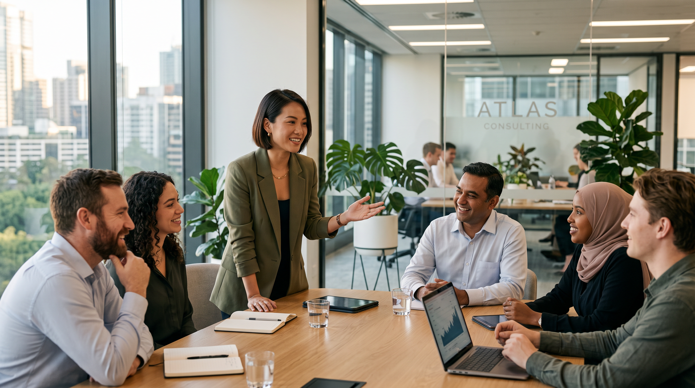 A Vietnamese-background professional woman speaking confidently in a modern Australian office meeting