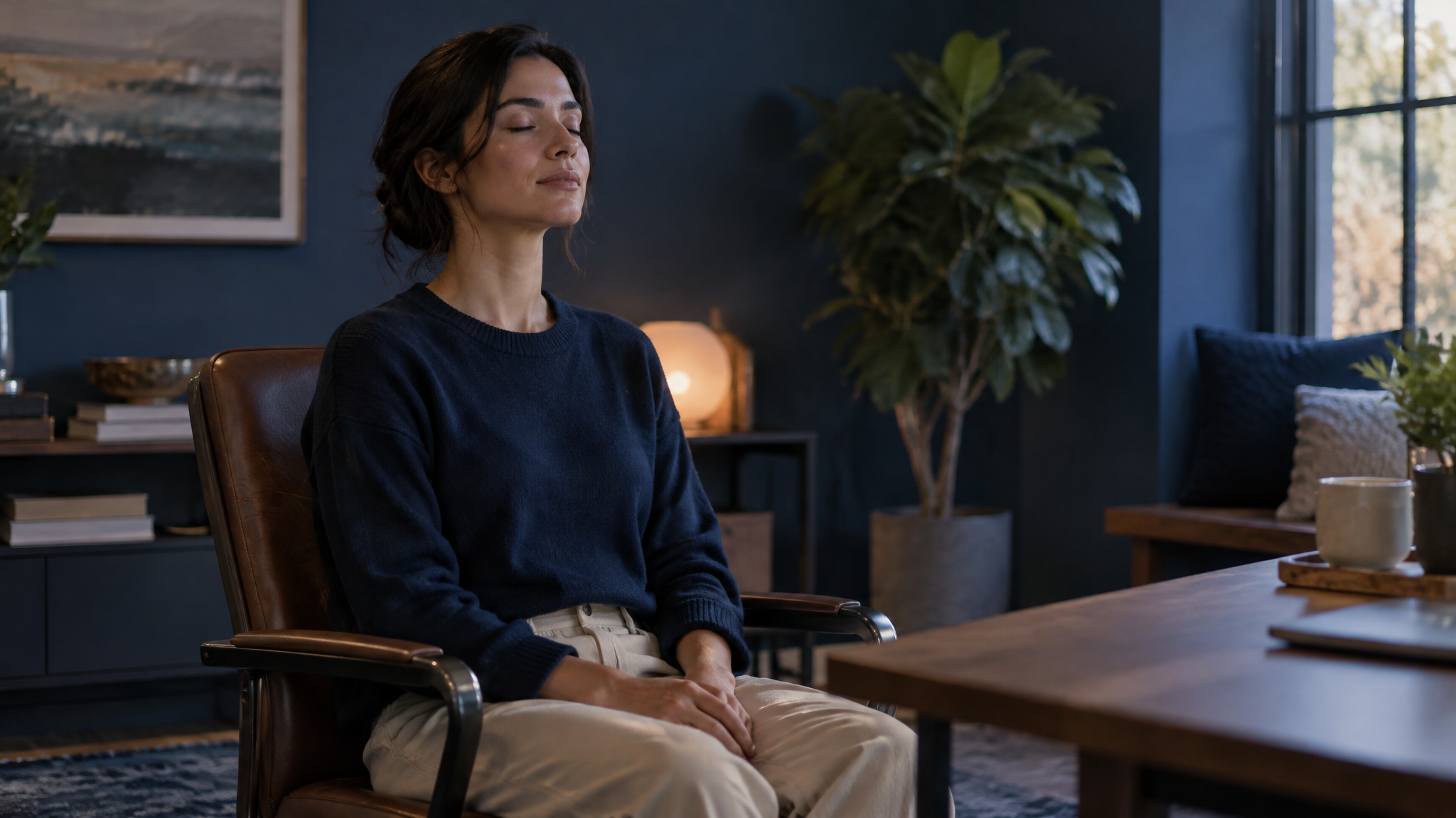 Pessoa fazendo pausa para meditação em cadeira de escritório