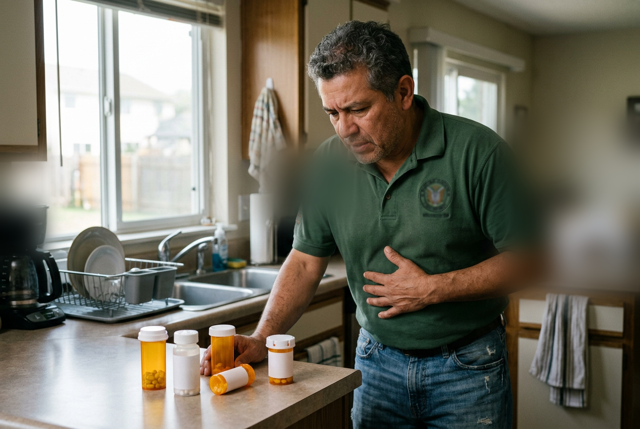 Hispanic male veteran in his 50s at a kitchen counter surrounded by unlabeled prescription pill bottles holding his stomach with a pained expression